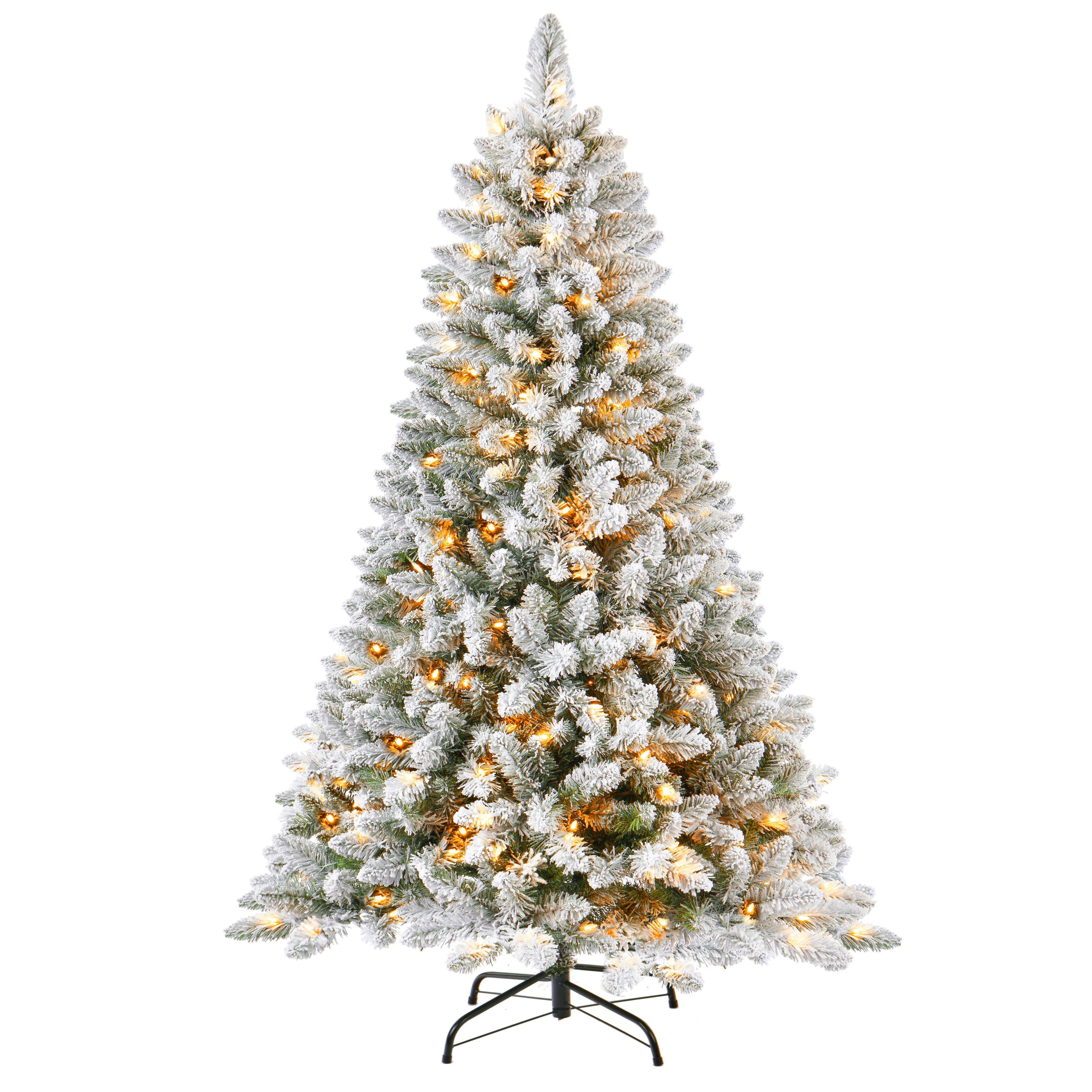 6 FT Pre-lit Snow Flocked Christmas Tree, Artificial Spruce Christmas ...
