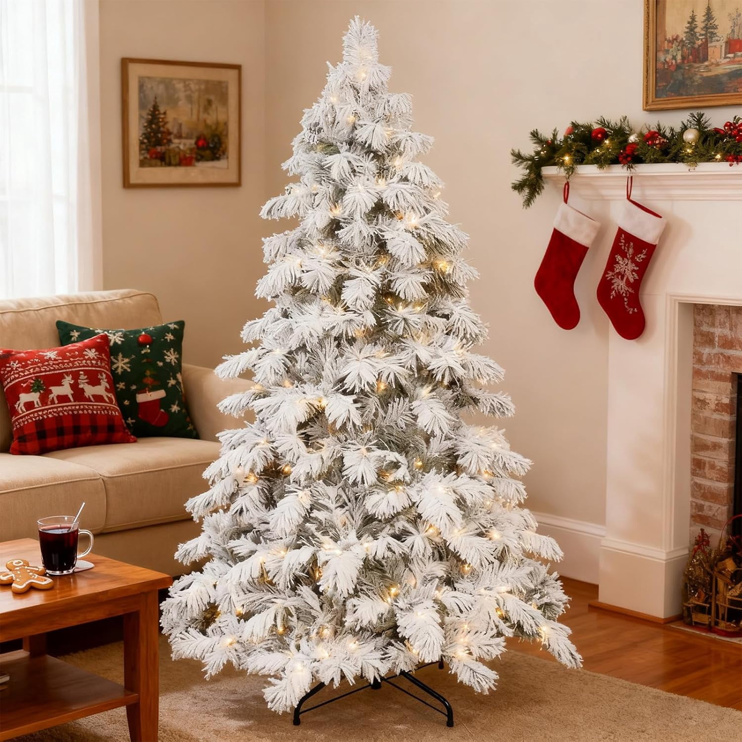 6 FT Prelit Flocked Christmas Tree, Snowy Pine Design with 270 Warm ...