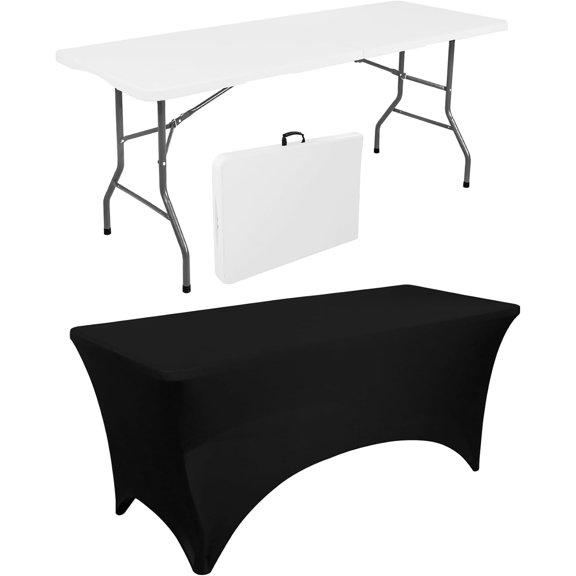 6 FT Rectangle Folding Table with Carrying Handle and Black Stretch Spandex Cover