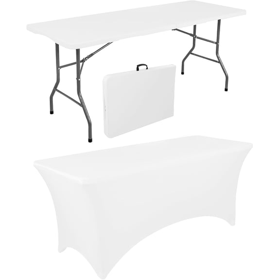 6 FT Rectangle Folding Table with Carrying Handle and White Stretch Spandex Cover