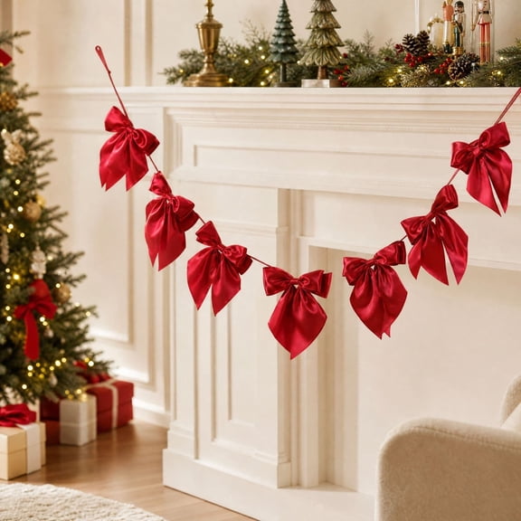 6 FT Red Satin Bow Garland Banner, Pre-tied Bow Ribbon String Decor for Fireplace Mantel Staircase Wall Christmas Holiday Party Decoration