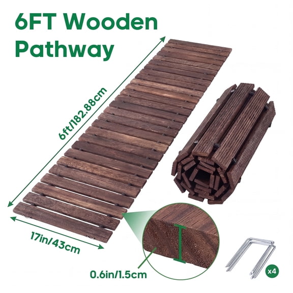 6 ft Rollable Wooden Garden Pathway, Brown, Rustic Wood Slat Walkway, with 4 Ground Stakes