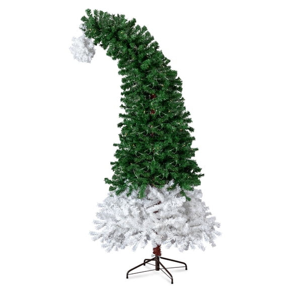 6 FT Santa Hat Style Pre-lit Christmas Tree, Hinged Artificial Xmas Tree Pine Tree with 250 Warm White Lights, 839 Branch Tips for Holiday Party Store Office Home, Green & White