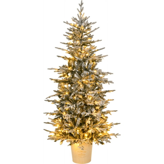6 FT Snow Flocked Pre-lit Artificial Christmas Tree with Metal Pot Stand, Hinged Xmas Fir Tree with 250 Lights, 709 Branch Tips and Remote Control for Holiday Party Office Home, Snowy Green