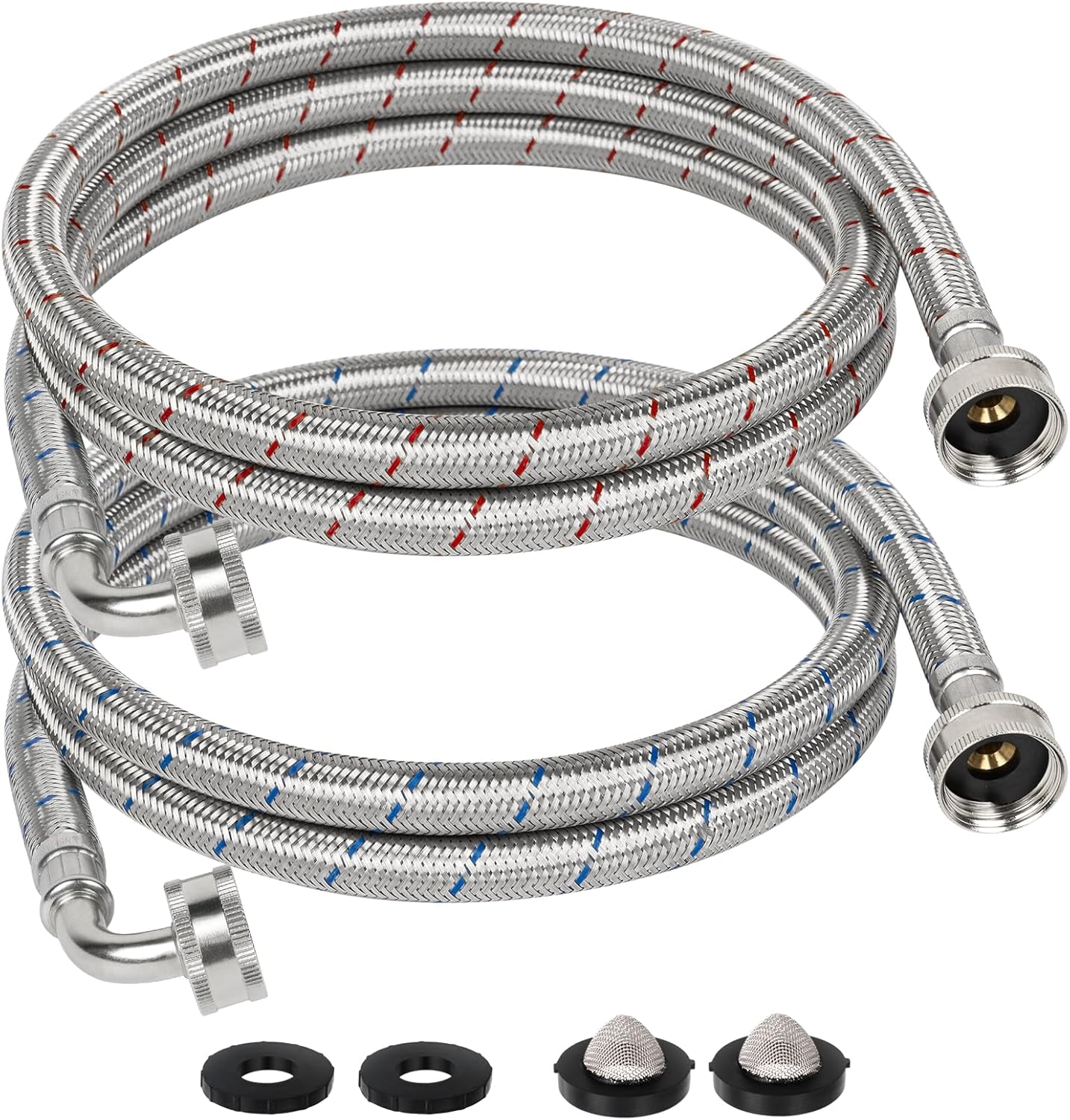 6 FT Washing Machine Hoses with 90 Degree Elbow, 3/4" FHT Stainless Steel Washer Hoses, For Short to Moderate-Distance Water Supply in Small & Medium Residences, Red & Blue (2-Pack)