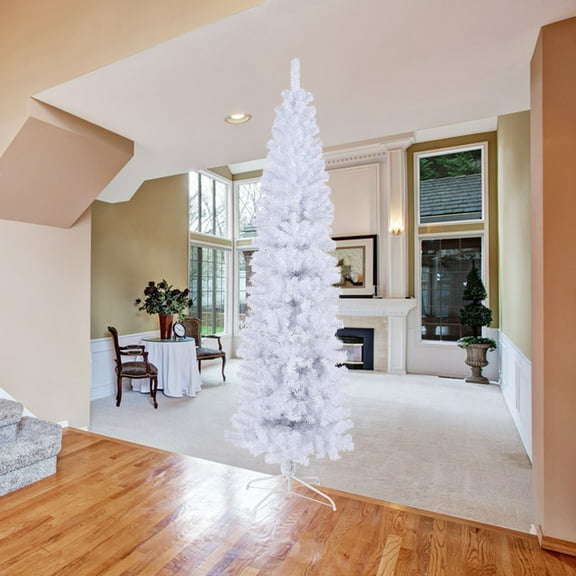 6 FT White Christmas Tree, Pencil-Shaped Christmas tree, 1000 Branches, Slender Ornaments Unlit, Artificial Christmas Tree with Metal Frame, Suitable for Home, Office, and Party Christmas Decoration.