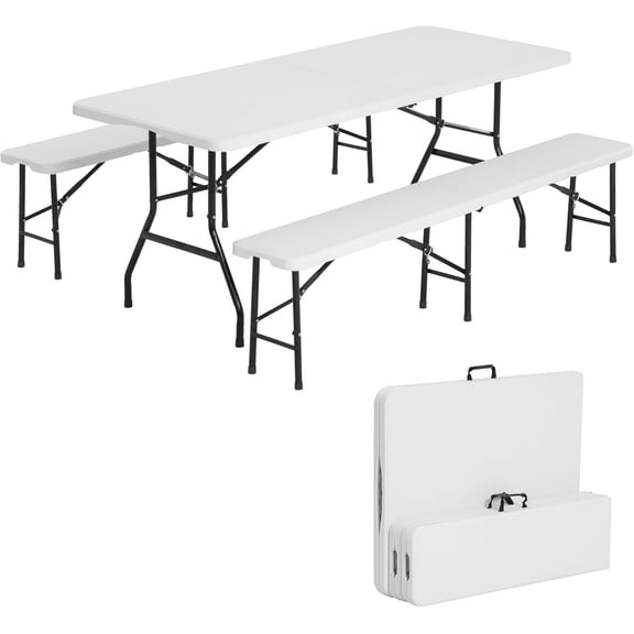 6 FT White Picnic Folding Table Set with 2 Benches, Portable Patio Dining Sets for Backyard, Lawn, Event, Party, Camping