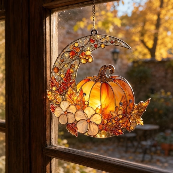 6" Fall Pumpkin Moon Stained Glass Suncatcher, Autumn Thanksgiving Halloween Window Hanging Decor, Sun Catcher for Home Wall Art