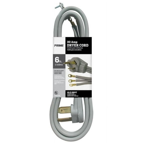 6 Feet 10/3 30 Amp Gray 3-Wire Dryer Cord, (2 Pack)