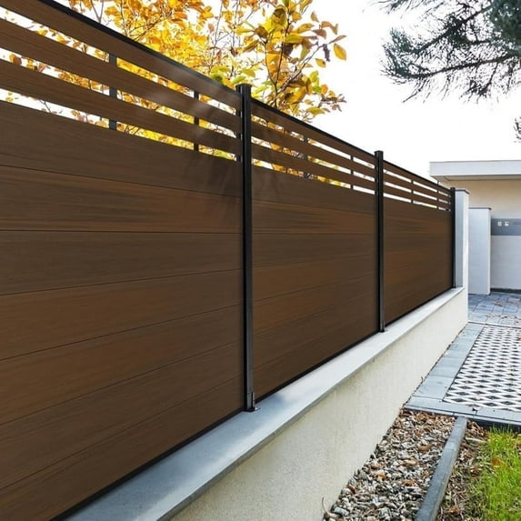 Mondaria 6 Feet×6 Feet Semi-enclosed Privacy Fence, Outdoor Wood Plastic Composite Fence Panel, Waterproof Security Barriers Fencing (Brown with 1 Post)