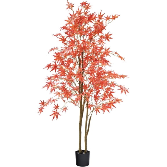 6 Feet Autumn Maple Artificial Fall Tree in Plastic Pot Faux Red Maple Leaves Silk Maple Tree for Thanksgiving Harvest Fall Festival Party Home Decoration