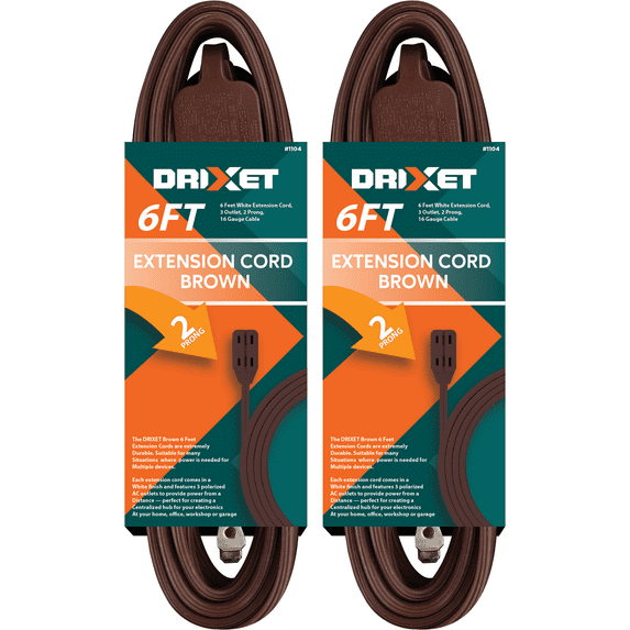 6 Feet Brown Extension Cord, 3 Outlet, 2 Prong, 16 Gauge Cable, Heavy Duty, Indoor use, (2 Pack) - by Revpex