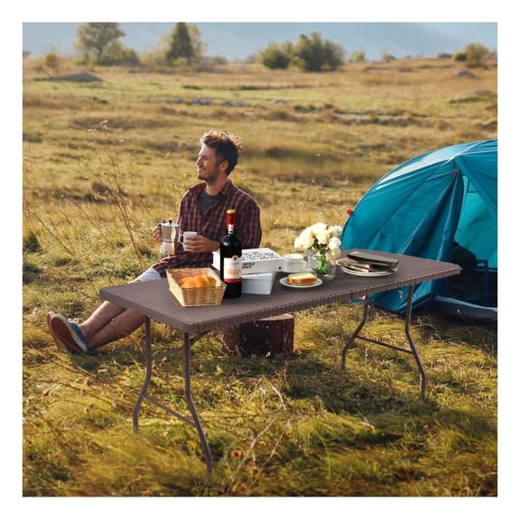 6 Feet Folding Portable Rattan Table with Carrying Handle