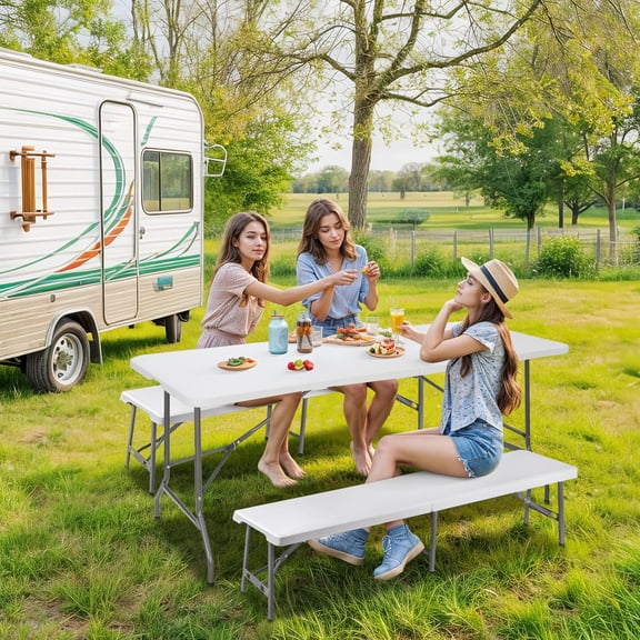 6 Feet Picnic Table Set with 2 Benches, 3-Piece Camping Table Chair Set for Dining Party Garden White