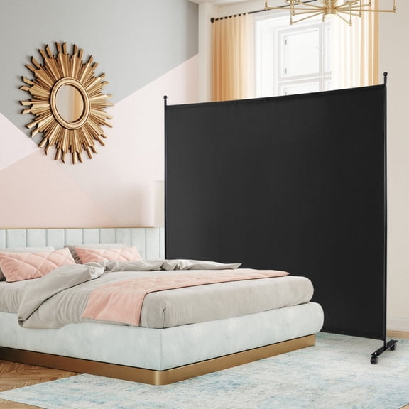 6 ft Single Panel Rolling Room Divider with Locking Wheels, 73 x 73 in Portable Privacy Screen with Metal Frame and Polyester Fabric, Freestanding Partition for Bedroom, Office, Dorm, Studio, Black
