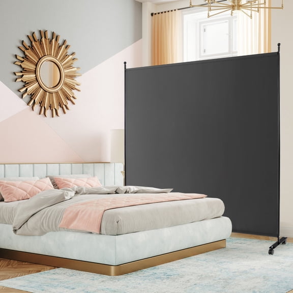 6 ft Single Panel Rolling Room Divider with Locking Wheels, 73 x 73 in Portable Privacy Screen with Metal Frame and Polyester Fabric, Freestanding Partition for Bedroom, Office, Dorm Studio Dark Gray