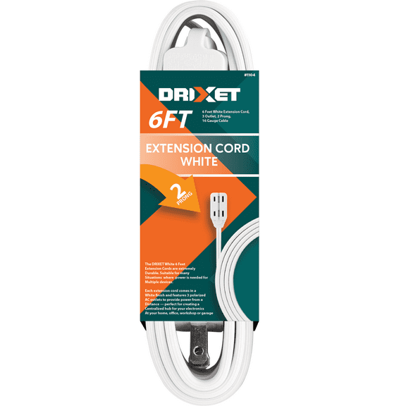 6 Feet White Extension Cord, 3 Outlet, 2 Prong, 16 Gauge Cable, Heavy Duty, Indoor use - by Revpex