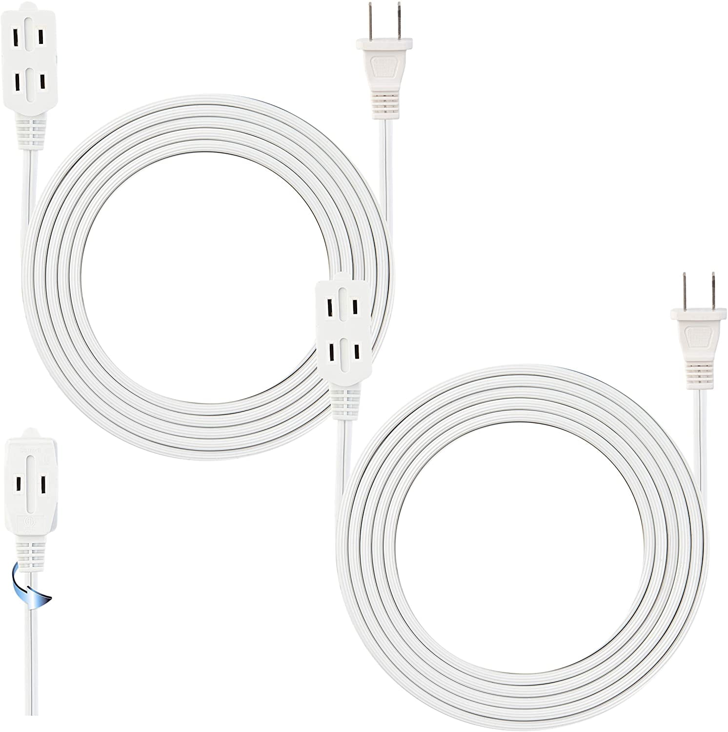 6 Feet White Extension Cord, 3 Outlet, 2 Prong, 16 Gauge Cable, Heavy