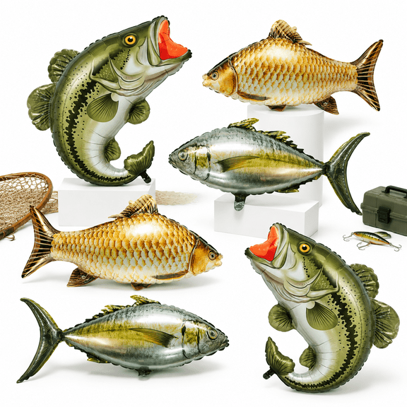 6 Fish Themed Mylar Foil Balloons for Fishing Themed Birthday and Shower Decor