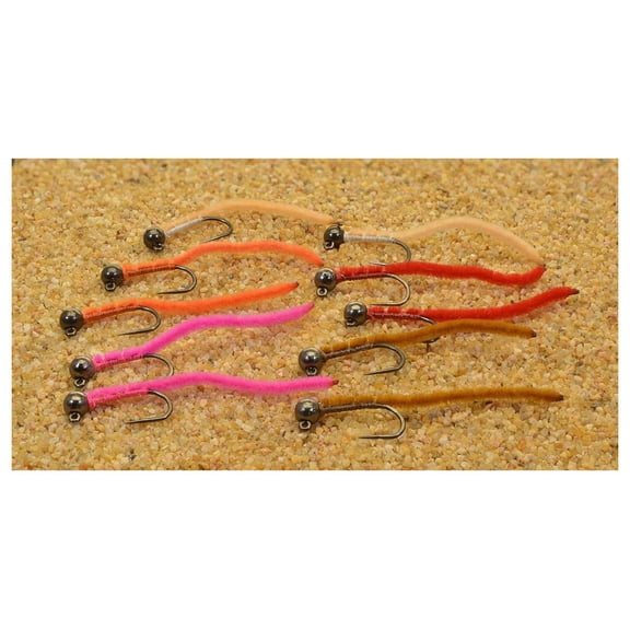 6 Flies - Tungsten San Juan Worm Jig Head Fly - Euro Nymph - Hanak 10ct Assorted Colors