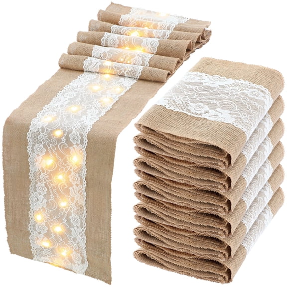 6 Flower Burlap Table Runner with LED Lights, Rustic Event Decor