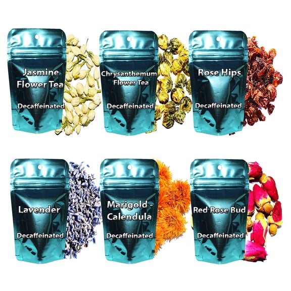 6 Flower Herbal Tea Samplers, Decaffeinated, Included Chrysanthemum, Marigold, Lavender, Chamomile, Red Rose, and Rose Hips, Loose Leaf Tea
