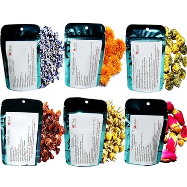 6 Flower Herbal Tea Samplers, Decaffeinated, Included Chrysanthemum, Marigold, Lavender, Chamomile, Red Rose, and Rose Hips, Loose Leaf Tea