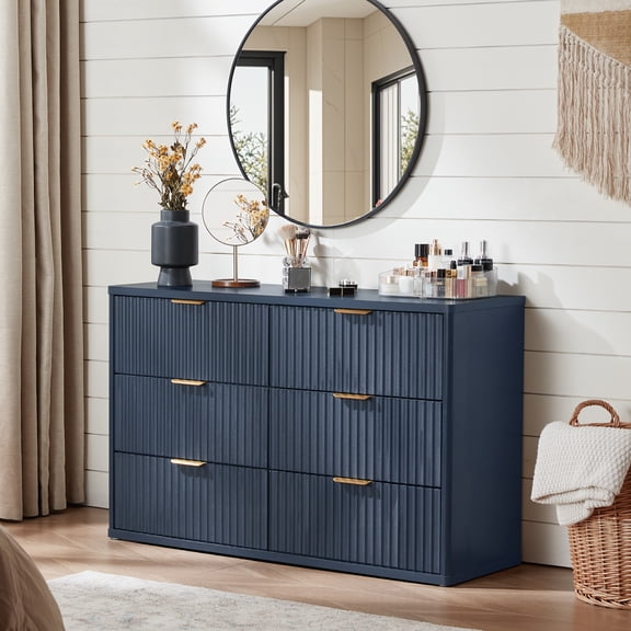 6 Fluted Drawer White Dresser, 48"H Wide Storage Cabinet with Upgraded Stable Base, Vertical Chest for Bedroom Living Room, Blue