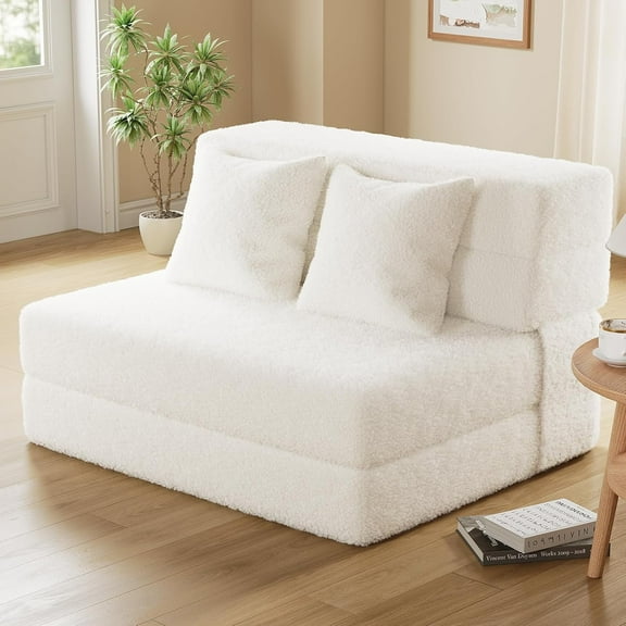 6'' Folding Sofa Bed with 2*Pillow, Convertible Makeshift bed, Futon SofaBed Couch, Twin, White