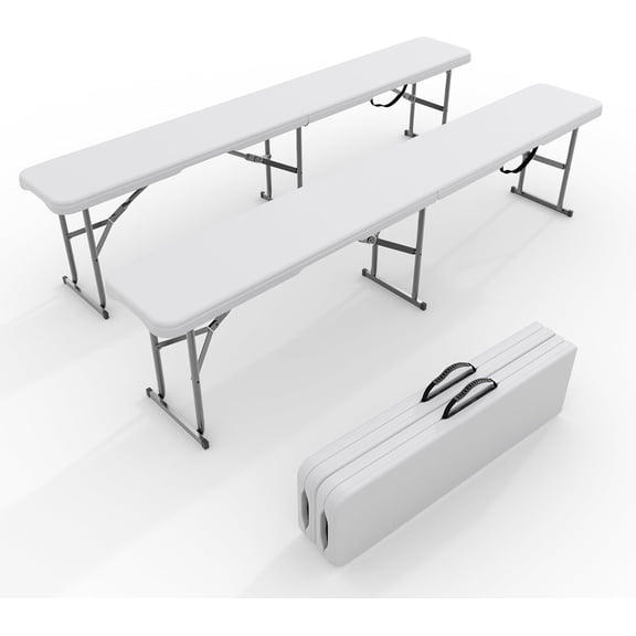 6 Foot 2 Pack Folding Bench Seat, Portable Plastic Bench Carry Handle and Smooth HDPE Tabletop for Camping, Picnic, Dining, Party, Sports, Beach, White