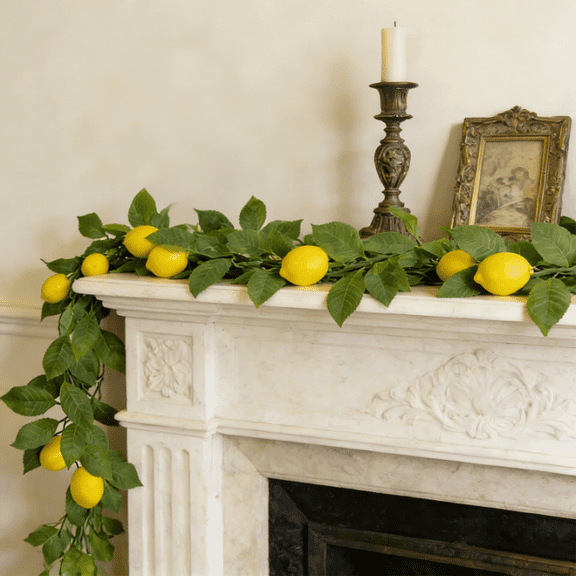 6 Foot Artificial Lemons Garland Faux Citrus Vine - Realistic Fake Lemon Leaf Hanging Decoration for Porch, Patio, Garden and Home Kitchen Wall Backdrop 1PC Yellow