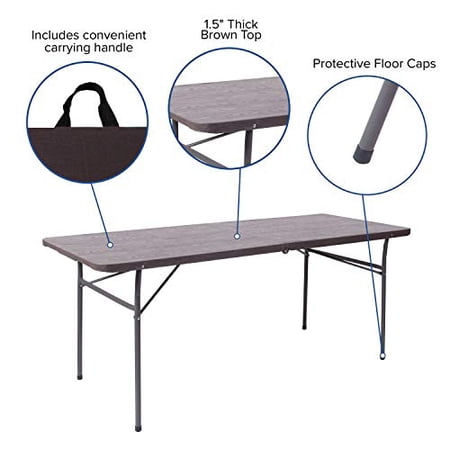 6-Foot Bi-Fold Wood Grain Plastic Folding Table with Carrying Handle