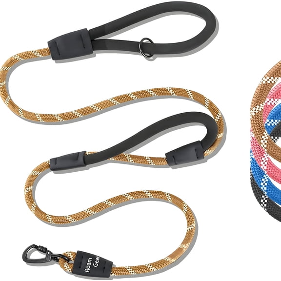 6 Foot Dog Leash, Two Extra Padded Handles, Locking Carabiner Clip, Reflective for Night Visibility, Weatherproof, Heavy Duty Rope Leash, (Brown)