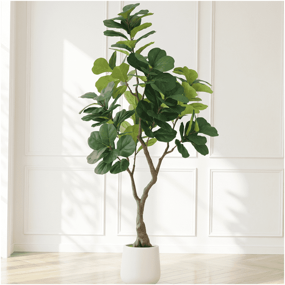6-Foot Faux Fiddle Leaf Fig in White Decorative Pot, Modern Floor Greenery for Office Display