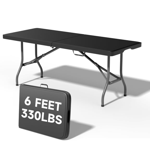 6 Foot Folding Table Black - Durable 330LBS Capacity, Sturdy & Foldable Design with Safety Lock - Portable for Party, Camping, Indoor & Outdoor Use, 1 Pack