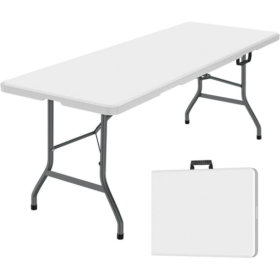 6 Foot Folding Table,Portable Plastic Indoor Outdoor Camping Dining Table with Carrying Handle,White
