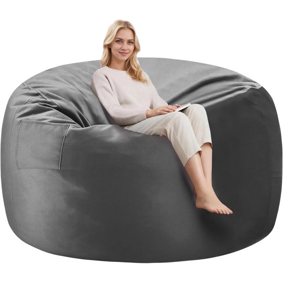 6-Foot Giant Grey Bean Bag Chair with Memory Foam Filling, Machine Washable Cover, Lazy Sofa for Gaming Room