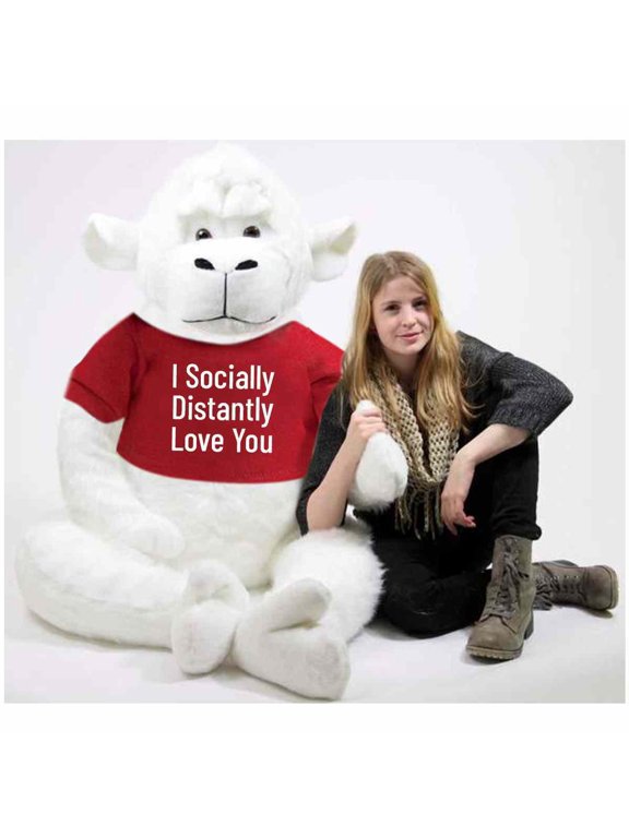 6 Foot Giant White Stuffed Valentine Gorilla Wears Removable T-shirt that Reads I Socially Distantly Love You, 72 Inches 183 cm Soft Huge Stuffed Monkey by Big Plush Packed in Big Box Ready to Hug