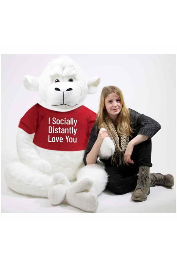 6 Foot Giant White Stuffed Valentine Gorilla Wears Removable T-shirt that Reads I Socially Distantly Love You, 72 Inches 183 cm Soft Huge Stuffed Monkey by Big Plush Packed in Big Box Ready to Hug