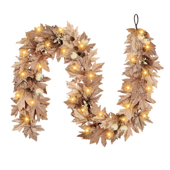 6-Foot Illuminated Fall Leaf Garland With Timer Function, Artificial Berries Cones, 30 Warm Lights For Fireplace Dining Table Porch Thanksgiving Halloween Decoration