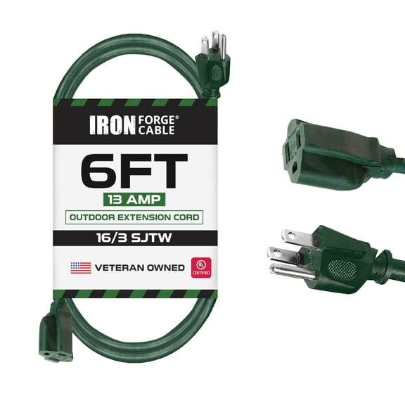 Iron Forge Cable Weatherproof 6 Ft Outdoor Extension Cord - 16/3 SJTW Heavy Duty Green Extension Cord 3 Prong - 13 Amp Exterior Power Cable