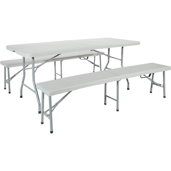 6 Foot Plastic Folding Table with 2 Pack 6 foot Folding Benches | Fold-in-Half Portable Utility Table | Lightweight and Foldable | Furniture for Indoor, Outdoor, Picnic, Party, Camping | 3 Piece Set