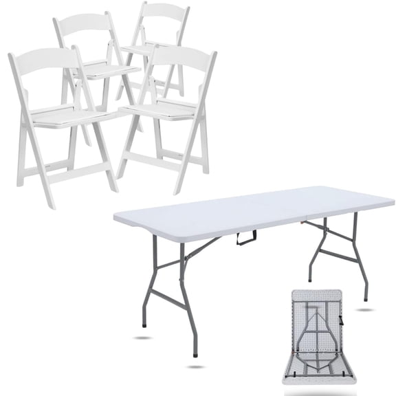 6 Foot Plastic Folding Table with Hercules Series Folding Chair - Pack of 4 | Comfortable Chairs | Lightweight Foldable Chair | Rectangular Patio Table & Chairs for Event, Wedding, Banquet & Parties