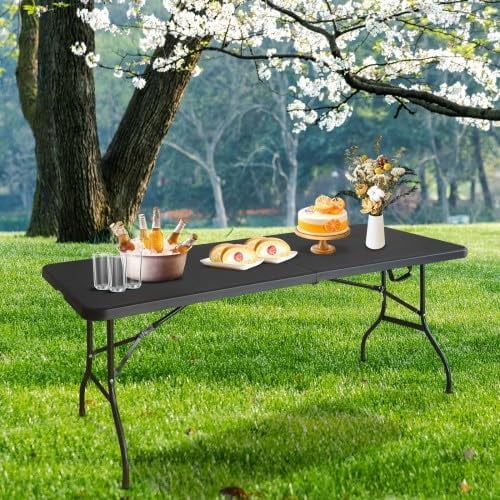 6 Foot Portable Camping Folding Table, Heavy Duty Plastic Fold-In-Half Utility Indoor/Outdoor Dining