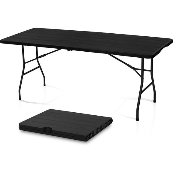 6 Foot Portable Plastic Folding Table 6FT 72" Half Foldable Heavy Duty Top w/Carry Handle - Indoor Outdoor Camping Picnic Party Wedding Dining Office Event Meeting Black Wood Style