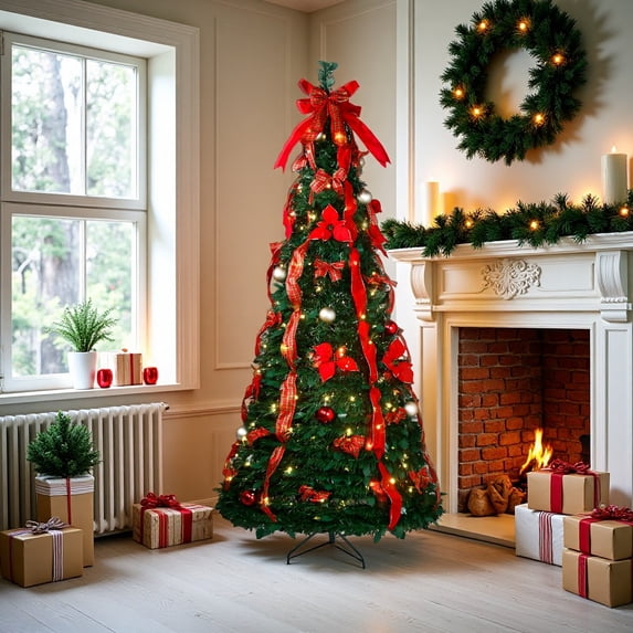 6 Foot Pre-Decorated Pop-Up Holiday Tree, Pre-Lit with 200 Warm LED Lights, Decorated with Plaid Bows and Red Berries for a Rustic Country Christmas Theme