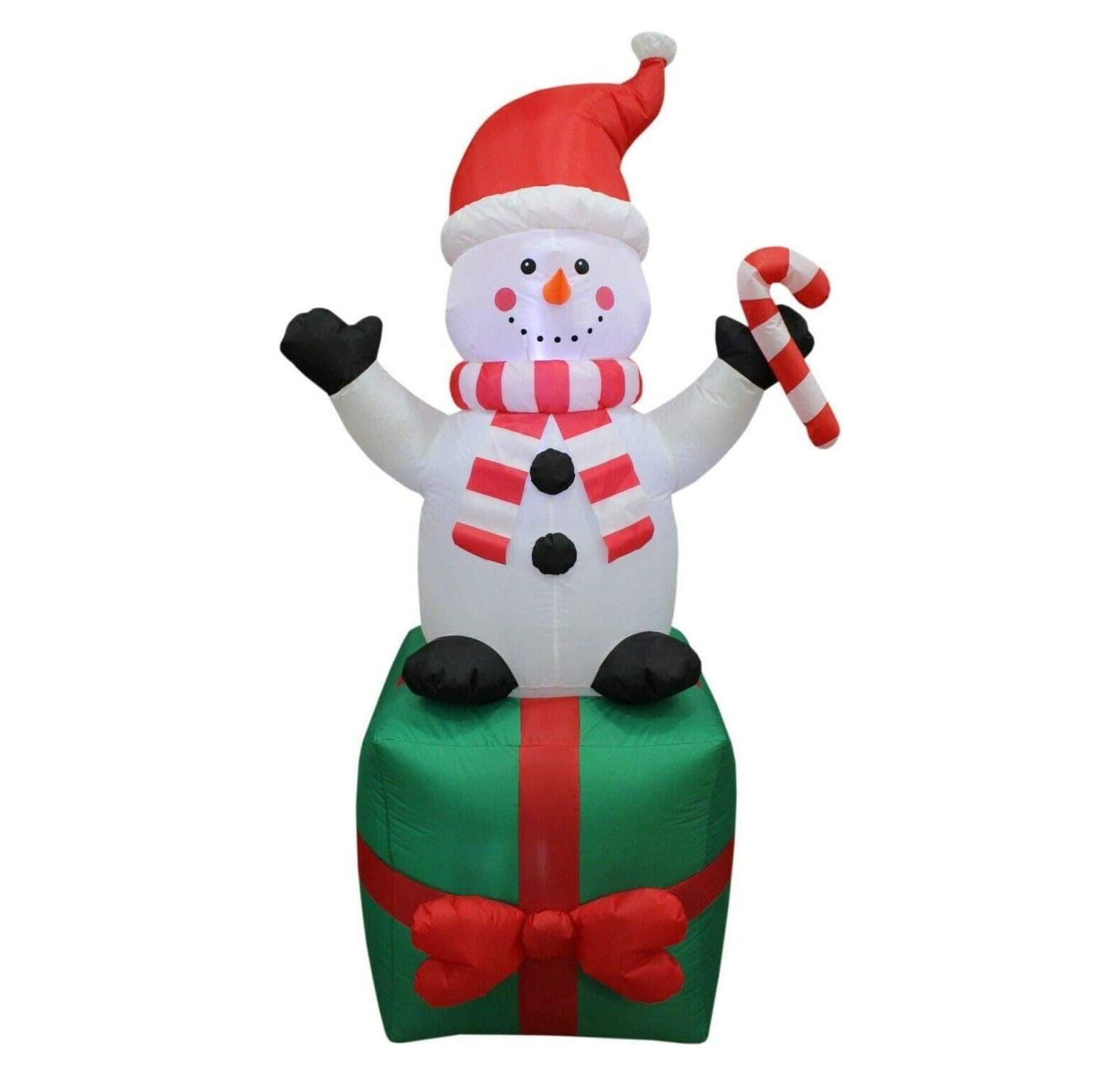 6 Foot Tall Christmas Inflatable Snowman Holding Candy Cane on Gift Box