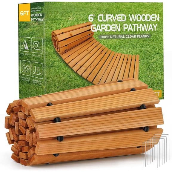 6 Foot Wooden Garden Pathway Roll Out Cedar Straight Walkway Outdoor Patio Path Decorative Boardwalk Weather Resistant Beach Wood Road for Wedding Party Pathway