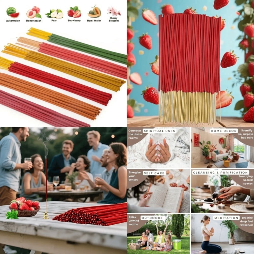 6 Fruit Flavors Incense Sticks with Rich Fruity Aromas such as Cantaloupe Strawberry Watermelon etc. 25.5cm/ 10.04in Perfect for Yoga Meditation and Enhancing Party Atmosphere - 102pcs