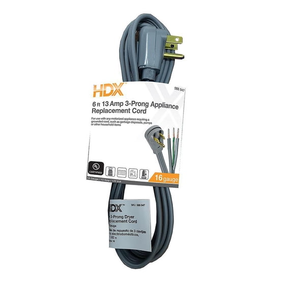 6 Ft. 13 Amp 3-Prong Grey Appliance Replacement Cord